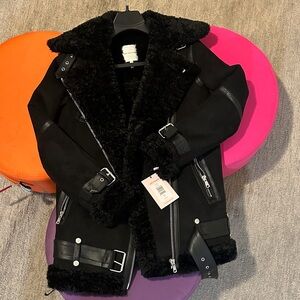 new AVEC LES FILS Black Shearling Biker Jacket - xs